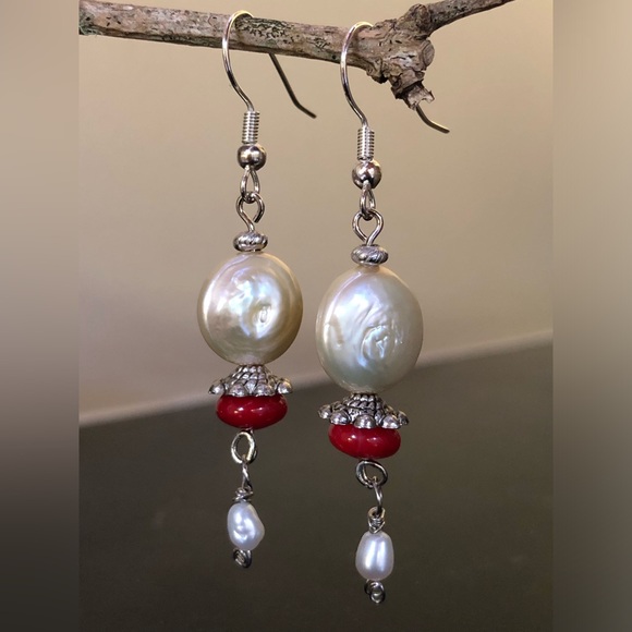 Pearl Jewelry - Handcrafted Genuine Silver Coin Pearl & Red Coral Bead Drop w/ Dangles Earrings